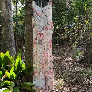 LARA White Maxi Dress with Pink & Green Floral Print, Italian Silk Blend, size M